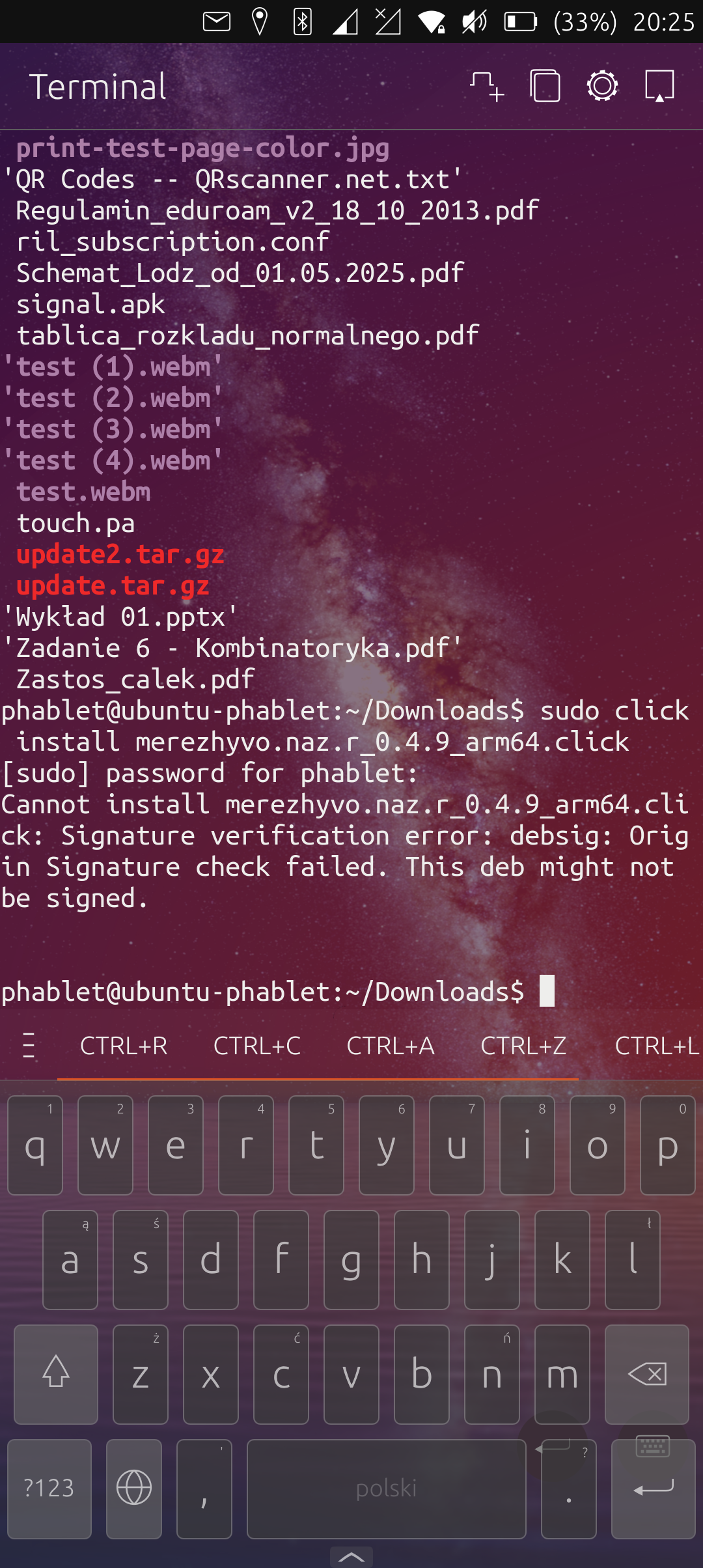 screenshot of terminal which failed to install package due to unsigned debs